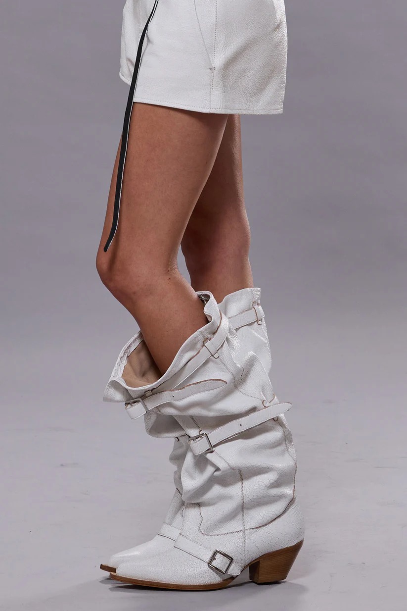 R13 – Buckled-Up Slouch Cowboy Boot, Crackle White