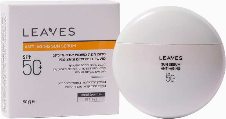 leaves סרום הגנה SPF50+
סרום ההגנה מהשמש של leaves משלב SPF50+ עם רכיבים כמו פפטידים, ניאצינמיד, חומצה היאלורונית, ויטמין B5 ואלנטואין. הוא מתאים למי שמחפשת מוצר הגנה במרקם קל יחסית, עם תחושה מושקעת יותר מקרם הגנה בסיסי ועם מראה עור אחיד ומסודר יותר.